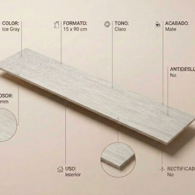Porcelánico Articwood Ice Gray 15x90 cm con textura de madera clara. Es