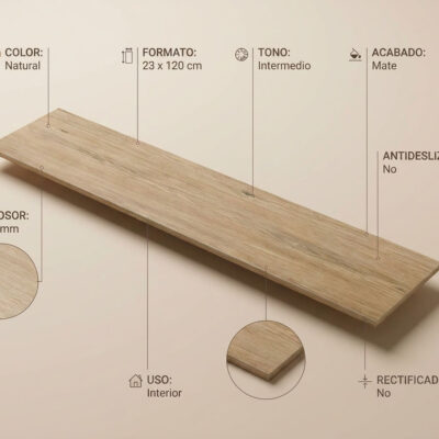 Placa de porcelánico Balau Natural de 23x120 cm con textura de madera clara.