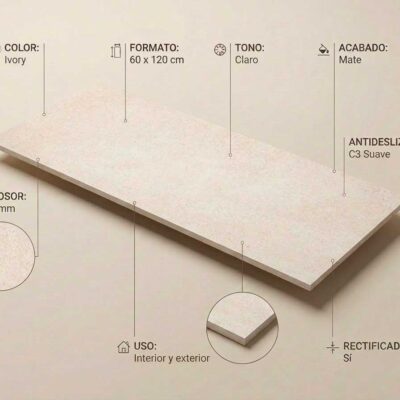 Azulejo porcelánico Bellevue Ivory 60x120 cm mate, antideslizante C3, para interior y exterior.