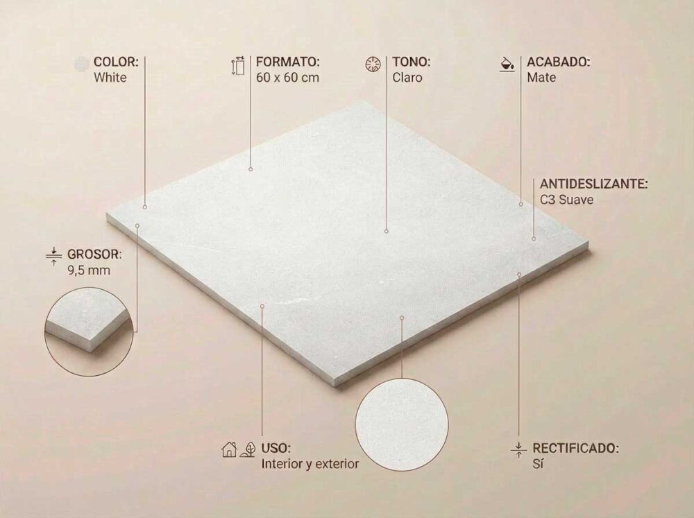 Porcelánico Bellevue White 60×60 cm MT Rect Inout