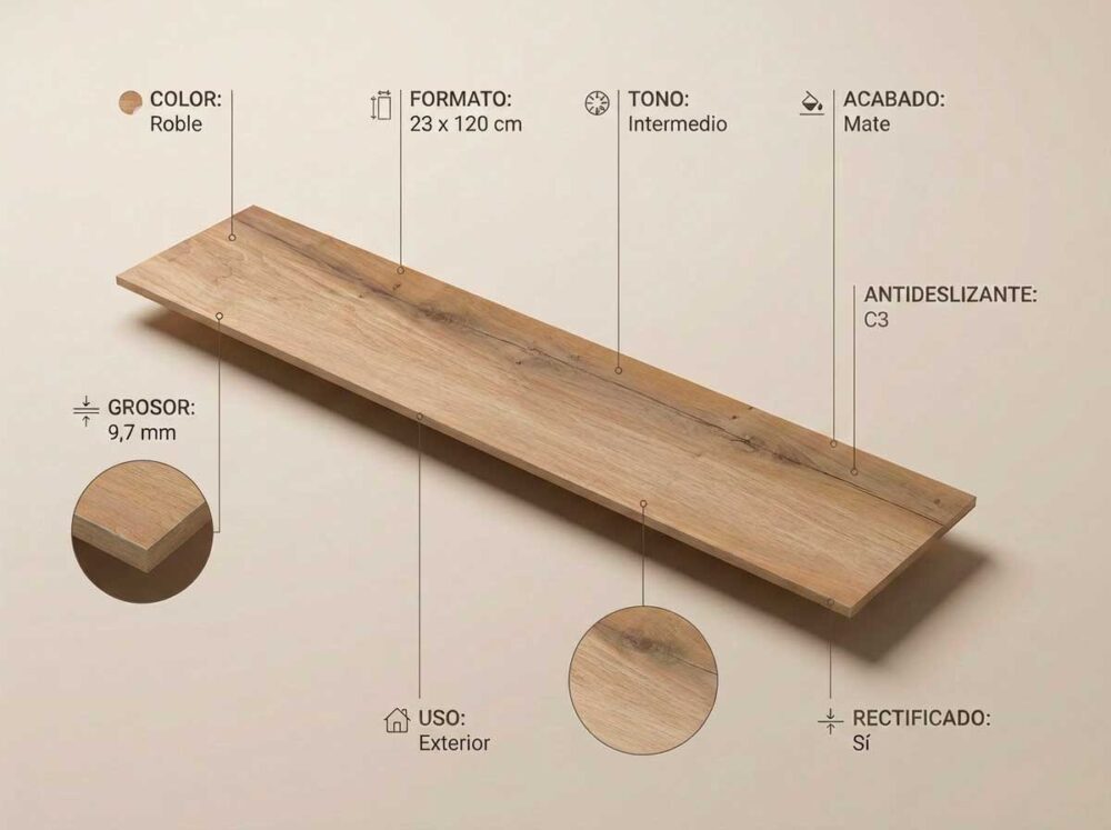 Porcelánico Blaze Roble 23×120 cm MT Rect Antid