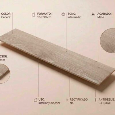Placa de porcelanico imitacion madera gris claro Civic Cenere 15x90 cm con textura veteada.