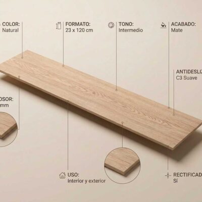 Un azulejo porcelánico imitación madera natural de 23x120 cm con acabado mate. Muestra sus especificaciones técnicas.