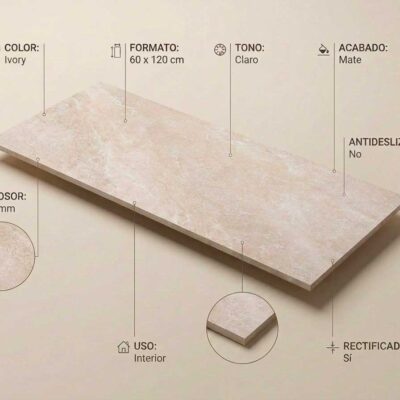 Porcelánico Nuances Ivory 60x120 cm mate rectificado sobre fondo neutro. Muestra color marfil claro y textura.