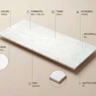 Azulejo porcelánico blanco pulido de 60x120 cm con tono claro y bordes rectificados. Muestra su grosor de 10 mm.