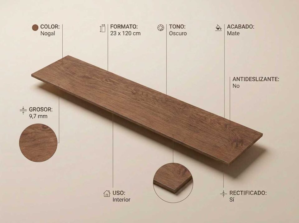 Porcelánico Tiare Nogal 23×120 cm MT Rect