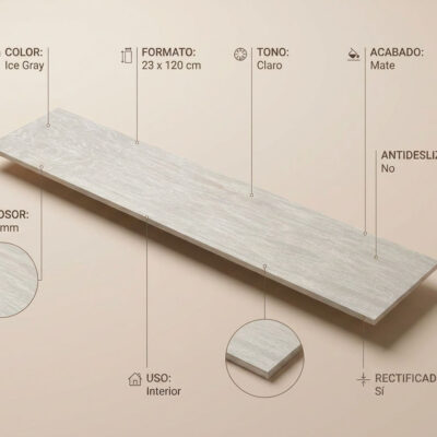 Un azulejo porcelánico rectangular de color ice grey con textura de madera clara.