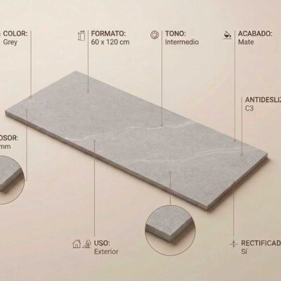 Un azulejo porcelánico gris de 60x120 cm con acabado mate y propiedades antideslizantes C3.