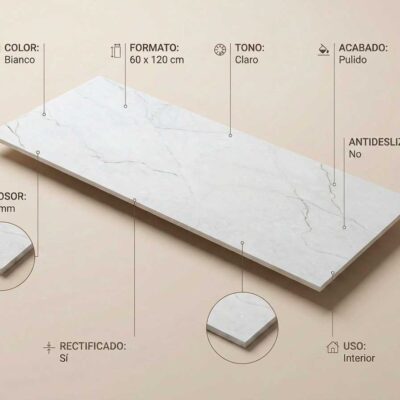 Azulejo porcelánico blanco Caryn Bianco 60x120 cm con vetas grises y acabado pulido.