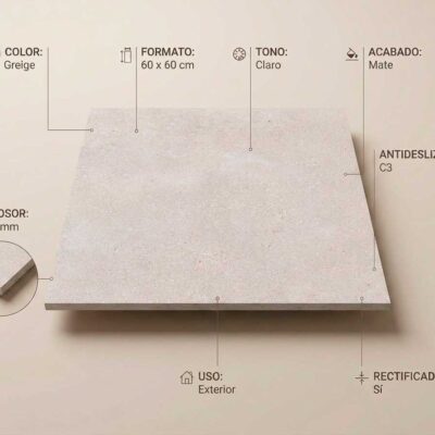 Un suelo porcelanico Kreta Greige 60x60 cm mate, rectificado y antideslizante C3.