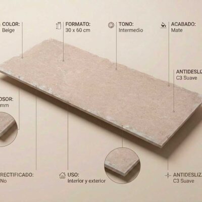 Un azulejo de porcelanico beige de 30x60 cm con acabado mate y propiedades antideslizantes.