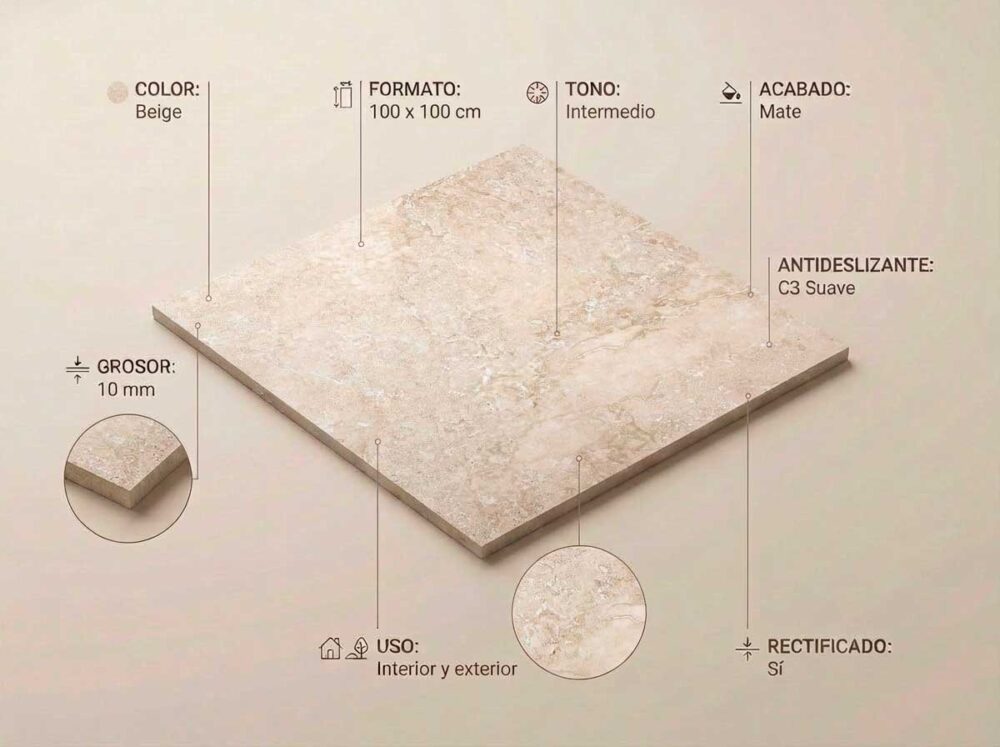 Porcelánico Rockstone Beige 100×100 cm MT Rect Inout