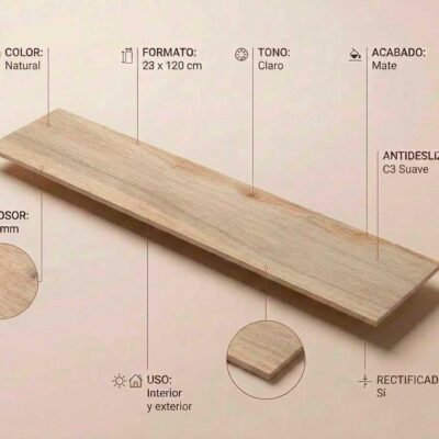 Baldosa de porcelanico Sabik Natural 23x120 cm con veteado de madera clara y acabado mate.