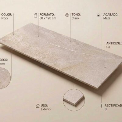 Un azulejo porcelánico Sakhir Ivory de 60x120 cm con acabado mate y antideslizante C3.
