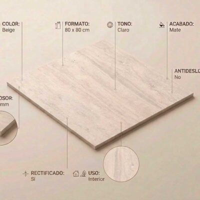 Azulejo porcelánico beige claro, tono diva cream, con acabado mate. Mide 80x80 cm y 6.3 mm de grosor.