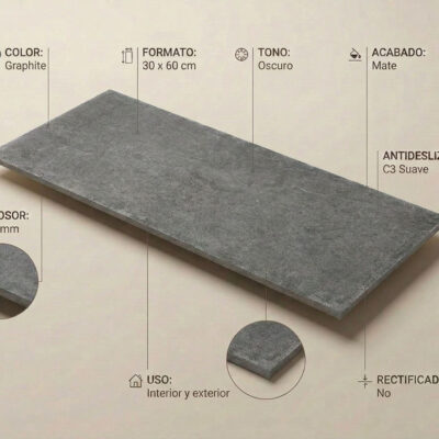 Azulejo porcelánico gris oscuro de 30x60 cm con textura efecto piedra mate.