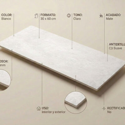 Un azulejo porcelánico blanco Amstel Blanco de 30x60 cm con efecto cemento y acabado mate.