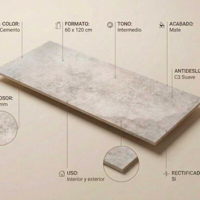 Un azulejo porcelánico Amstel Cemento gris claro con textura de cemento y sus especificaciones.