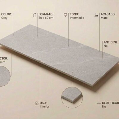 Baldosa porcelánica Austral Grey 30x60 cm con acabado mate y textura tipo cemento.