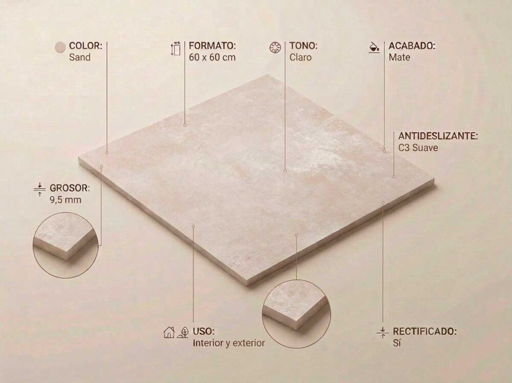Porcelánico Indeed Sand 60×60 cm MT Rect Inout