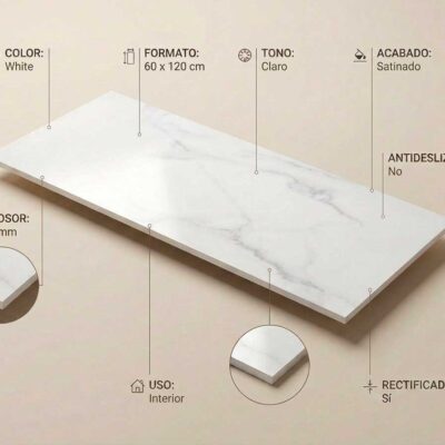 Azulejo porcelánico Purity White blanco con vetas grises, acabado satinado y rectificado.