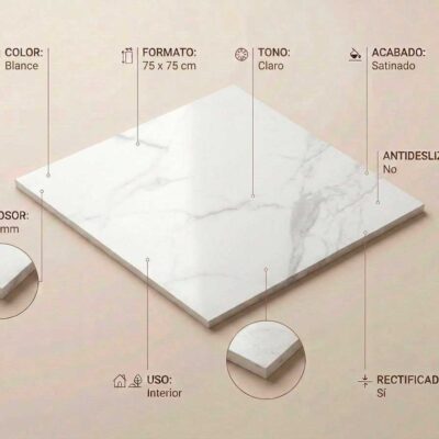 Azulejo porcelánico Purity White blanco de 75x75 cm con acabado satinado y bordes rectificados.
