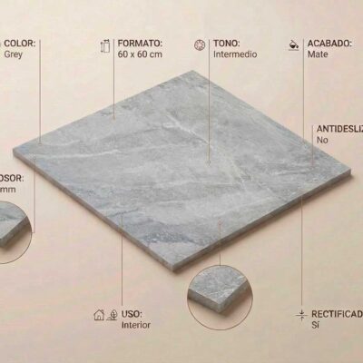 Baldosa porcelánica Sublime Grey de 60x60 cm con acabado mate y bordes rectificados.