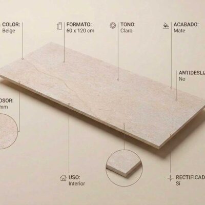 Azulejo porcelánico Sumum Beige 60x120 cm mate con textura sutil y bordes rectificados.