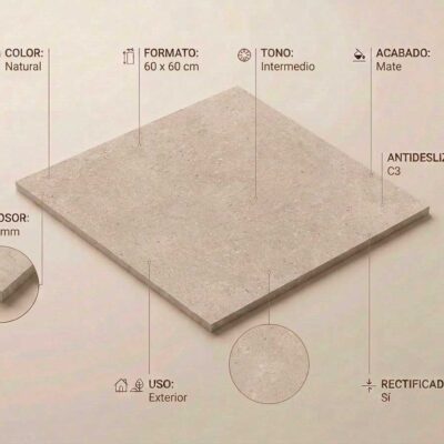 Porcelánico Ulisse Natural 60x60 cm con acabado mate y propiedades antideslizantes.