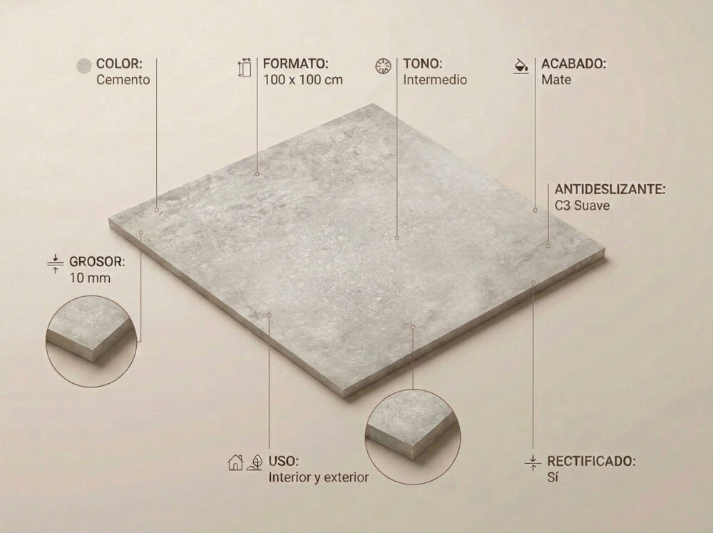 Porcelánico Amstel Cemento 100×100 cm MT Rect Inout