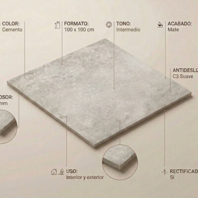 Azulejo porcelánico imitación cemento Amstel Cemento 100x100 cm con detalles técnicos.
