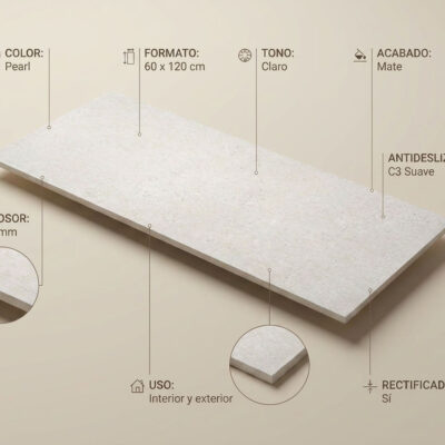 Pieza rectangular de porcelánico Homestone Pearl en formato 60×120 cm con superficie texturizada efecto piedra en tono claro, acabado mate y rectificado, apta para interior y exterior.
