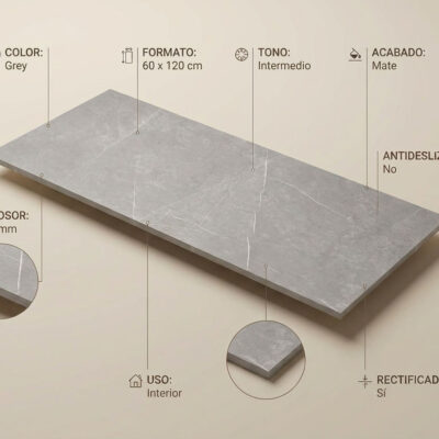 Un suelo porcelanico gris de 60x120 cm con vetas blancas y acabado mate.