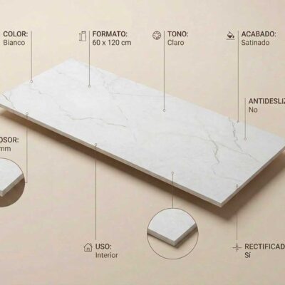 Azulejo porcelánico blanco Caryn Bianco 60x120 cm con veteado claro y acabado satinado.