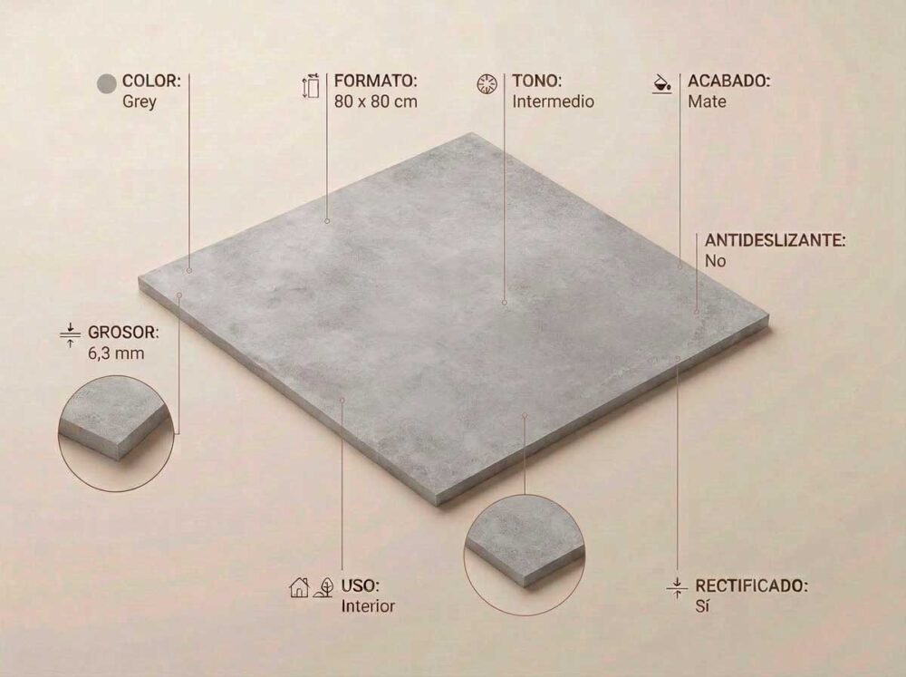 Porcelánico Derek Grey 80×80 cm MT 6 mm Rect