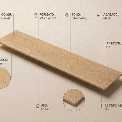 Un azulejo porcelánico Articwood Camel de 23x120 cm con acabado mate y textura de madera.