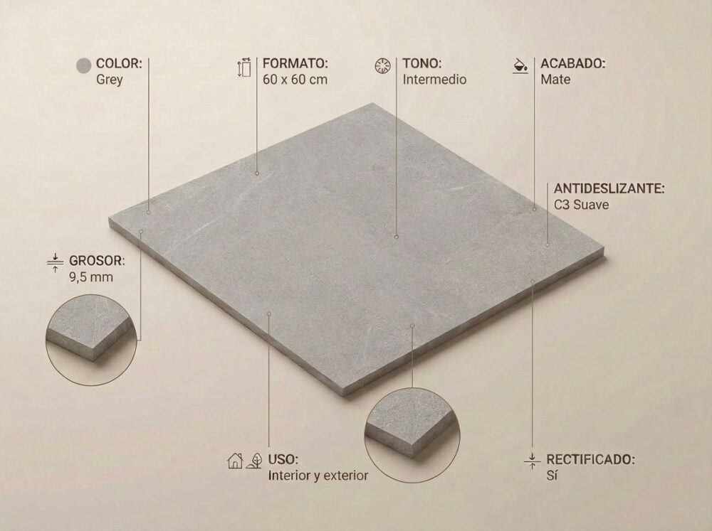 Porcelánico Bellevue Grey 60×60 cm MT Rect Inout