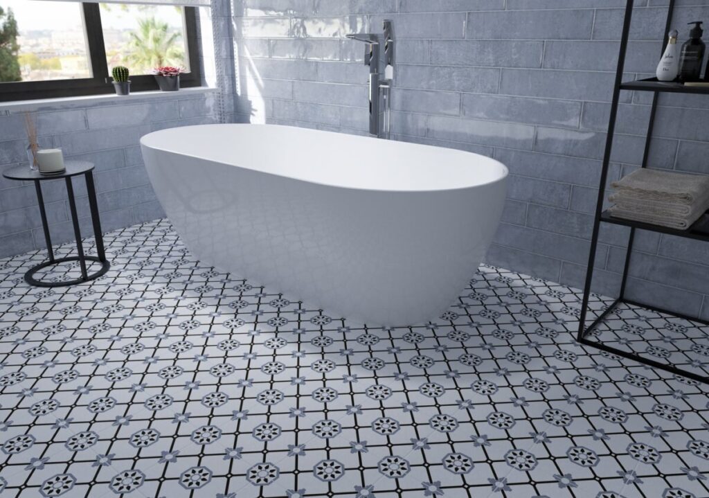 Azulejo Porcelánico imitación hidráulico Alba Azul como suelo decorativo