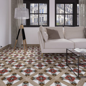 Imagen de ambiente de azulejos imitación hidráulico Egeo Rojo para suelo de salón