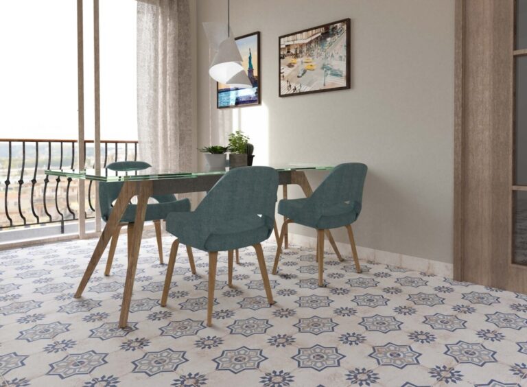 Azulejo Porcelánico imitación hidráulico Olite Azul como suelo decorativo