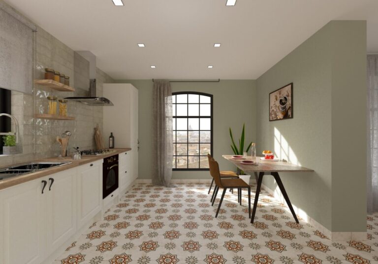 Azulejo Porcelánico imitación hidráulico Olite Verde como suelo decorativo