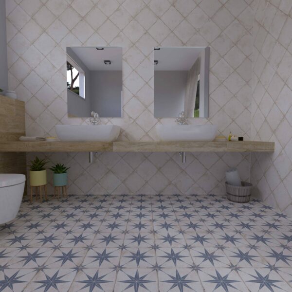 Imagen de ambiente de azulejos imitación hidráulico Orion Azul como suelo para baño