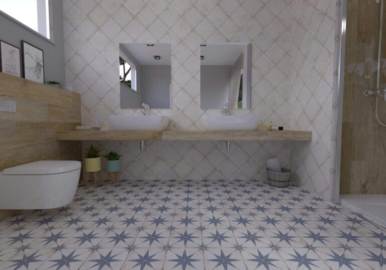 Imagen de ambiente de azulejos imitación hidráulico Orion Azul como suelo para baño