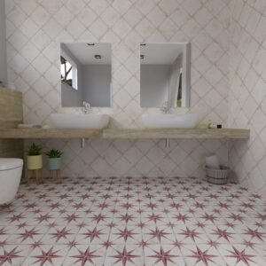Imagen de ambiente de azulejos imitación hidráulico Orion Granate como suelo para baño