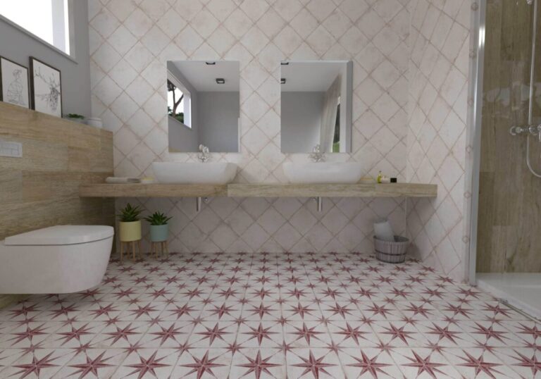 Azulejo Porcelánico imitación hidráulico Orion Granate como suelo para baño
