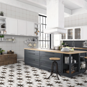Imagen de ambiente de azulejos imitación hidráulico Orion Negro para suelo de cocina