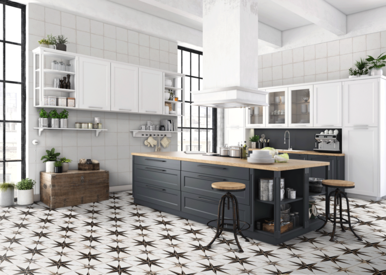 Azulejo Porcelánico imitación hidráulico Orion Negro para suelo de cocina