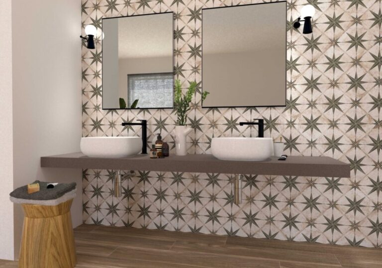 Azulejo Porcelánico imitación hidráulico Orion Verde como revestimiento para paredes