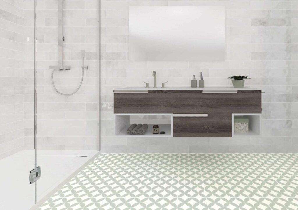 Imagen de ambiente de azulejos imitación hidráulico Tokio Verde como suelo para baño