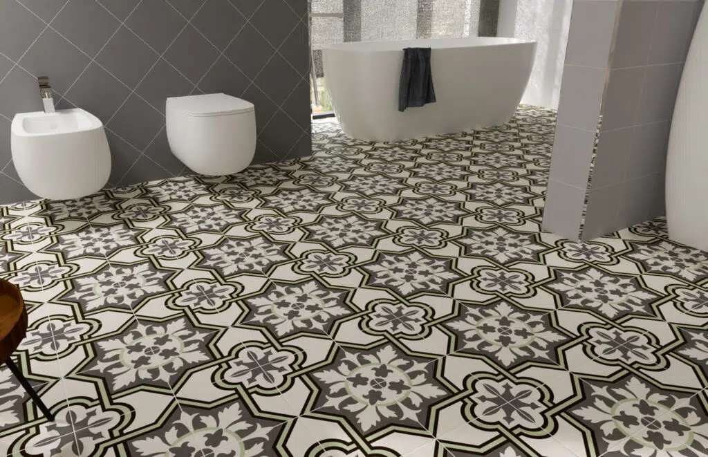 Imagen de ambiente de azulejos imitación hidráulico Cibeles Verde como suelo para baño